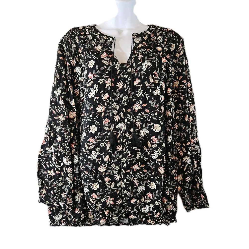 Old Navy Blouse Women 2XL Black Floral V-Neck Peasant Tassel Long Balloon Sleeve